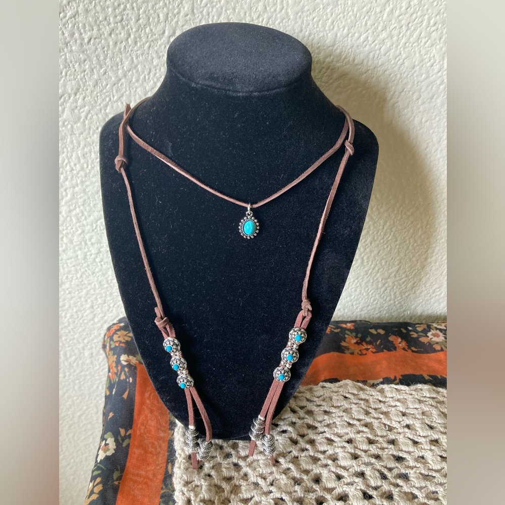 Western Turquoise Toned Pendant and Beaded Suede Wrap Necklace